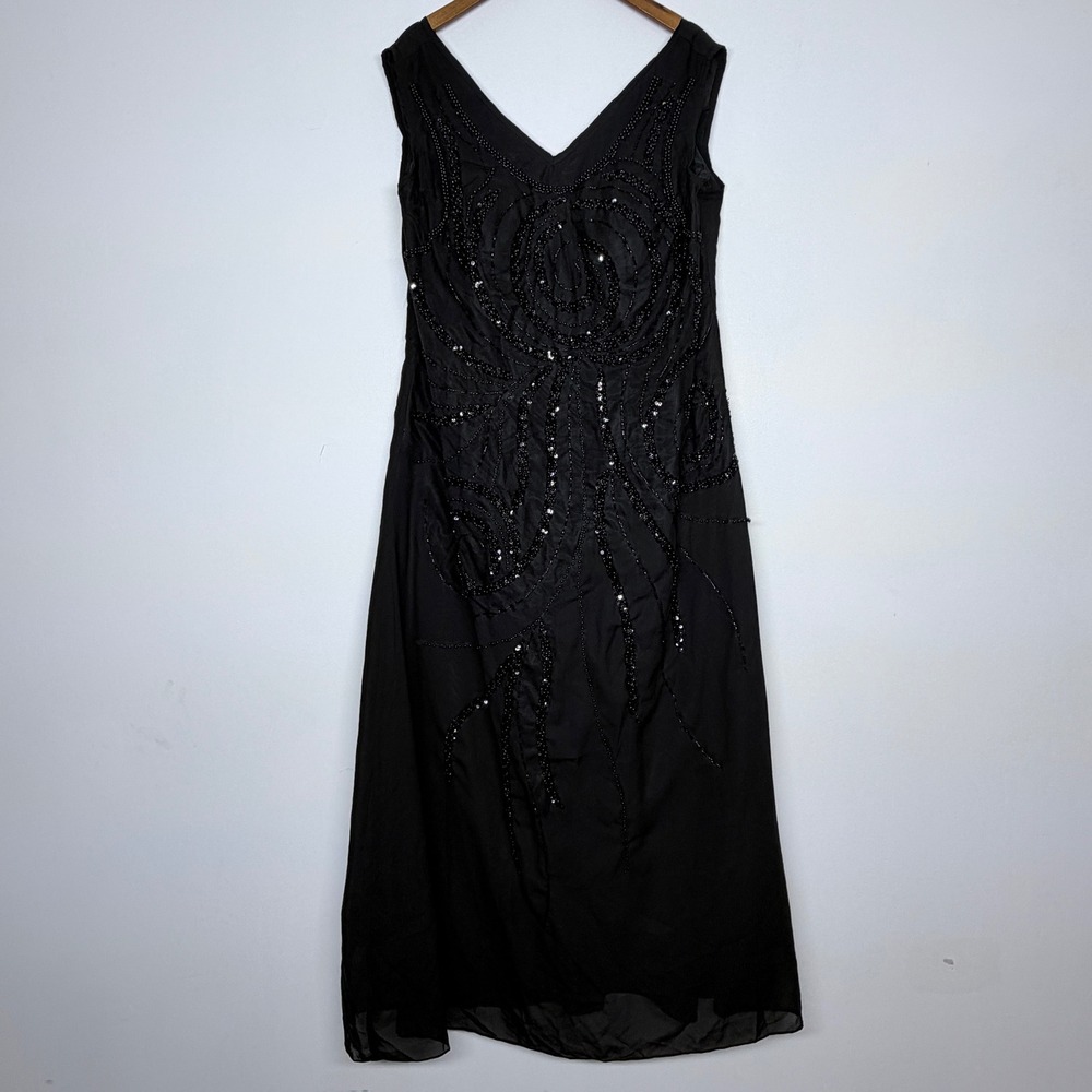 Gown Gallery Black Beaded Sequin V-Neck Sleeveless Maxi Evening Dress NWT